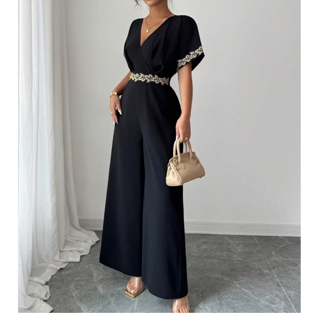 Classic V Neck Floral Lace Stretchy Waist Wide Leg Jumpsuit S M L XL